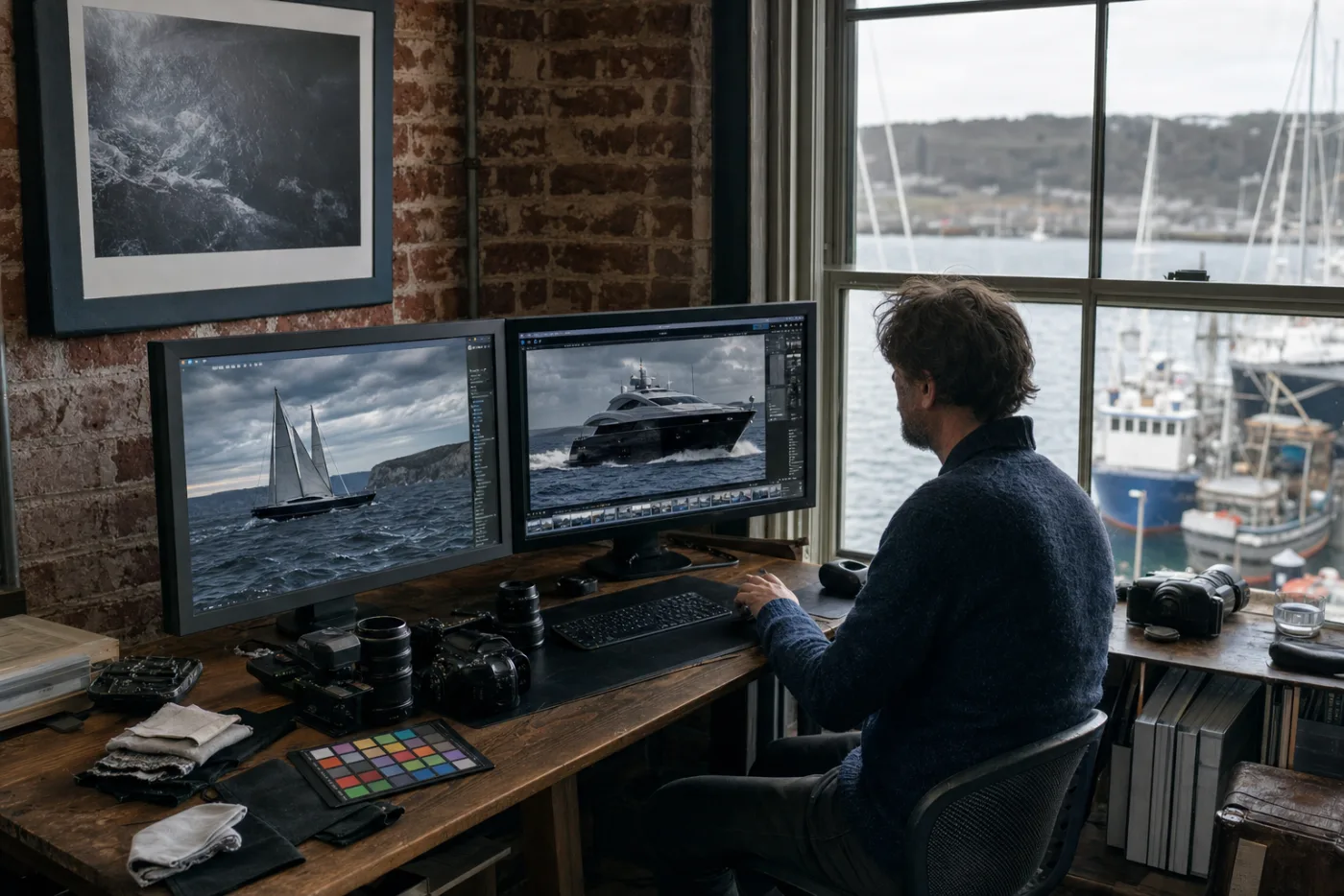 A photographer editing marine images at a desk of calibrated screens