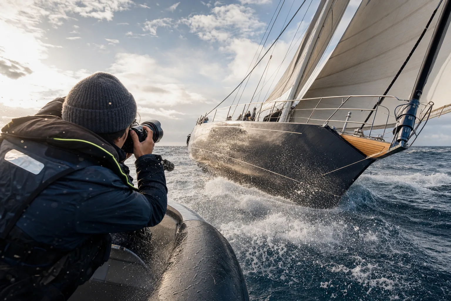 A photographer shooting a large sailing yacht from a fast chase boat